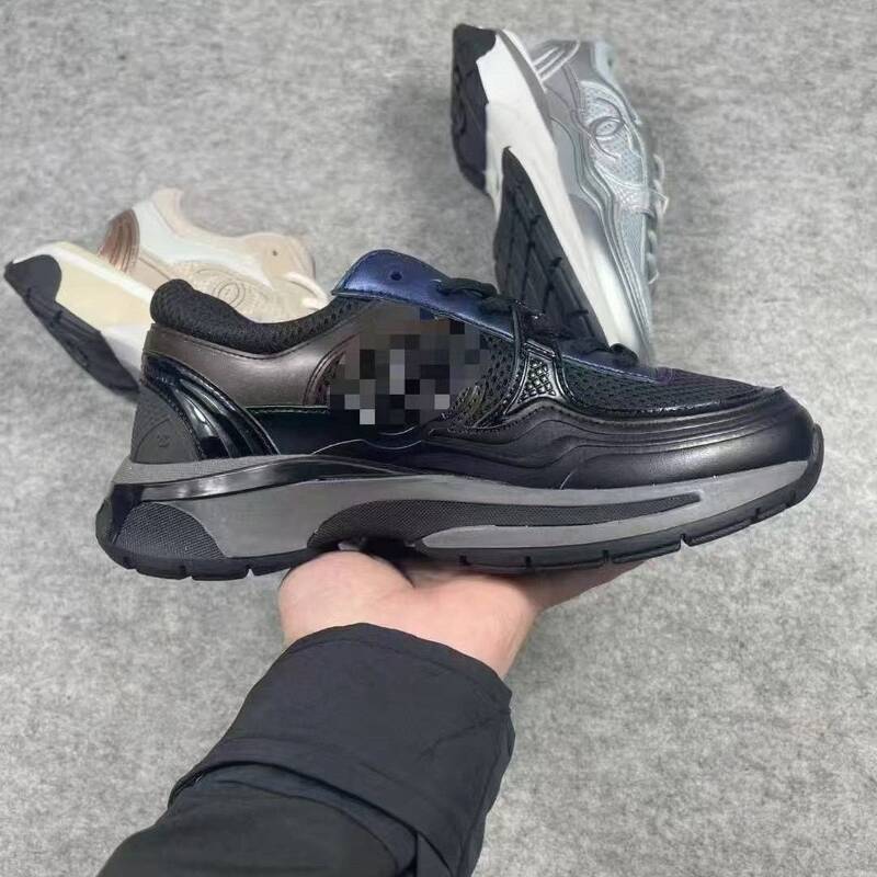 Chanel Unisex Silver Dad Sneakers, New Metallic Mesh Patchwork Thick‑Sole Height‑Increase Round Toe Lace‑Up Nair Style Casual Shoes