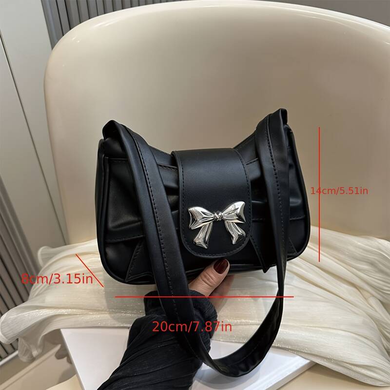 Black Ruched Silver Bow Underarm Bag Women Wide Strap Shoulder Purse_voghion.com
