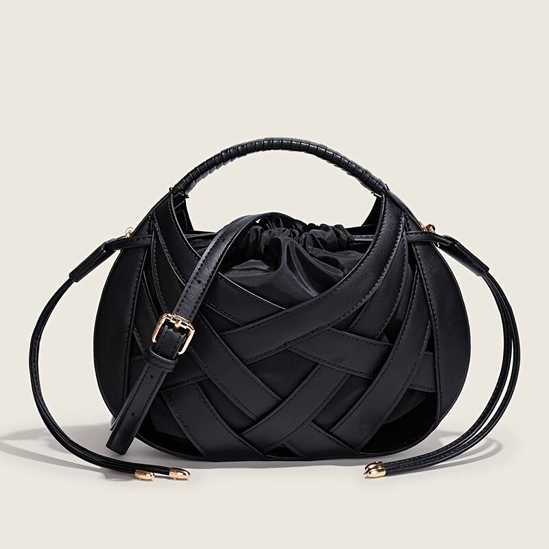 Braided Hollow Out Shoulder Bag Women Drawstring Liner Adjustable Strap Designer Crossbody Handbag_voghion.com