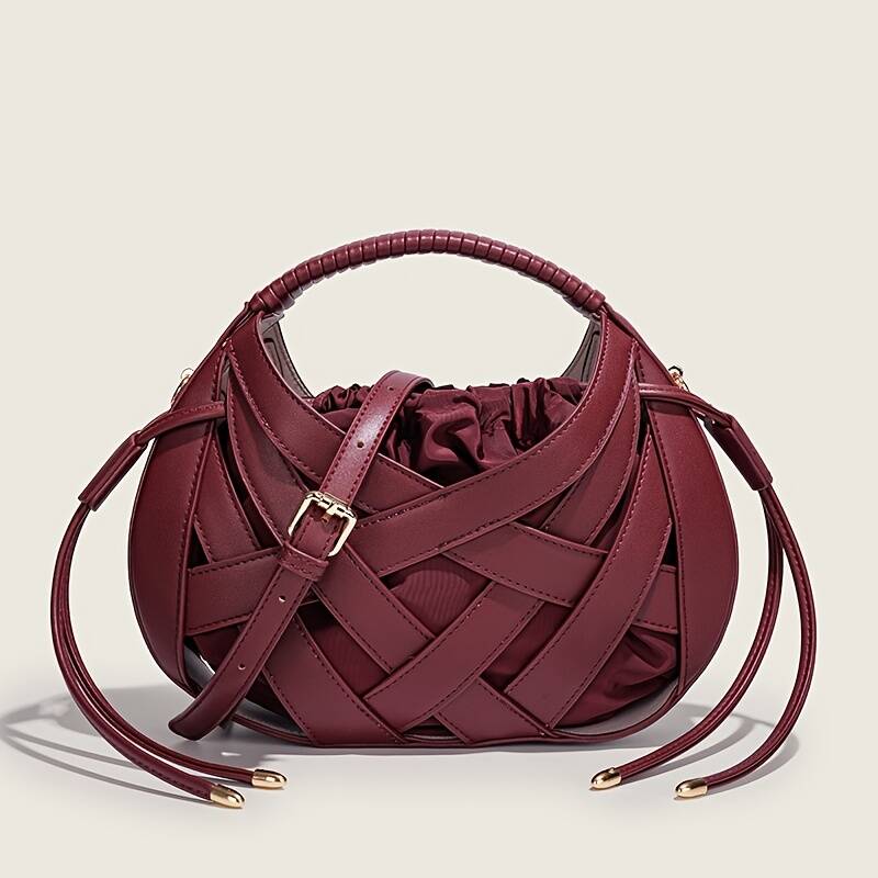 Braided Hollow Out Shoulder Bag For Women With Drawstring Liner_voghion.com