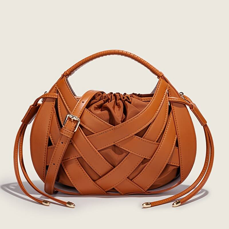 Braided Hollow Out Shoulder Bag Women Drawstring Liner Adjustable Strap Designer Crossbody Handbag_voghion.com