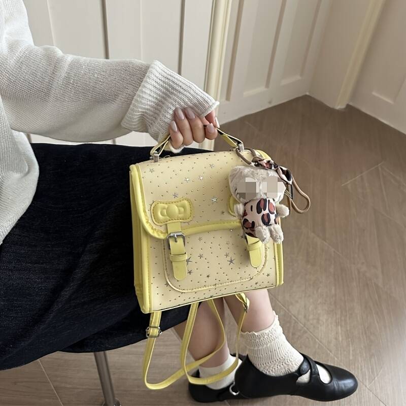 Hellgelber Mini-Rucksack mit Sternenmuster, Damen ... Schülerinnen, Alltags-Schultertasche mit Schleifenverzierung und Tragegriffen_voghion.com