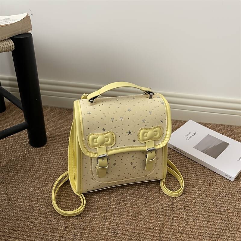 Hellgelber Mini-Rucksack mit Sternenmuster, Damen ... Schülerinnen, Alltags-Schultertasche mit Schleifenverzierung und Tragegriffen_voghion.com
