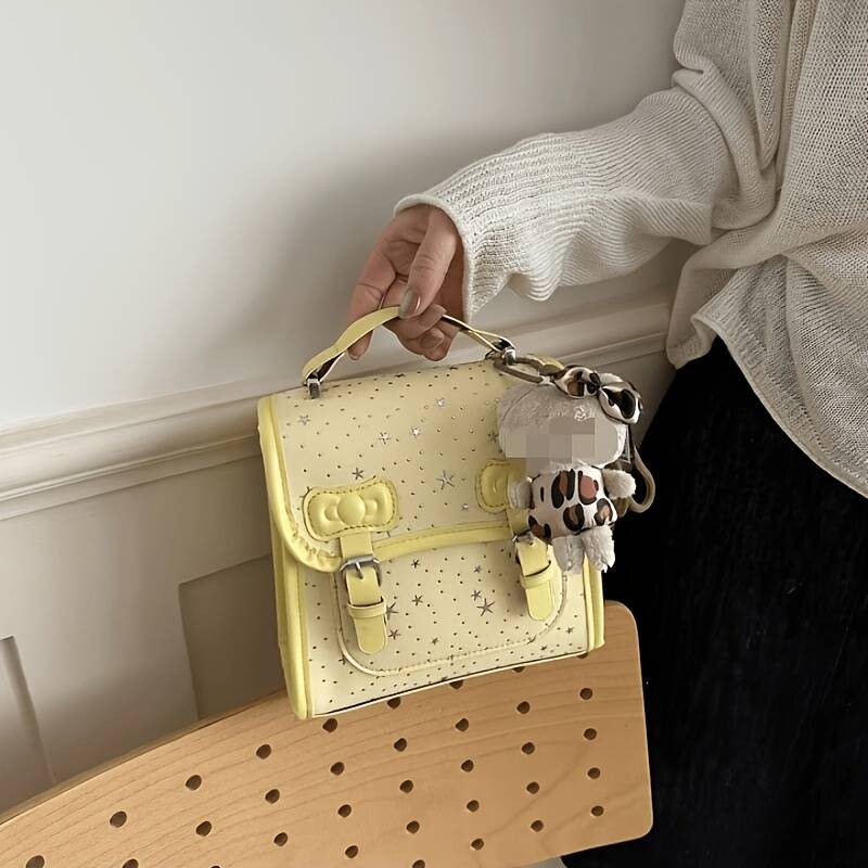 Hellgelber Mini-Rucksack mit Sternenmuster, Damen ... Schülerinnen, Alltags-Schultertasche mit Schleifenverzierung und Tragegriffen_voghion.com