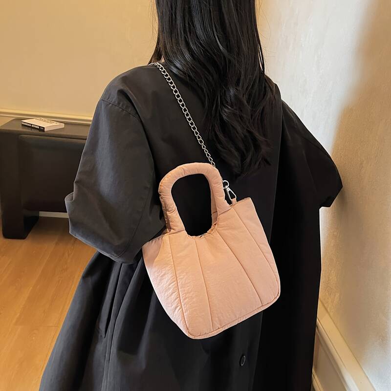 Pleated Fabric Mini Tote Bag Detachable Chain Women Handbag Crossbody Purse_voghion.com