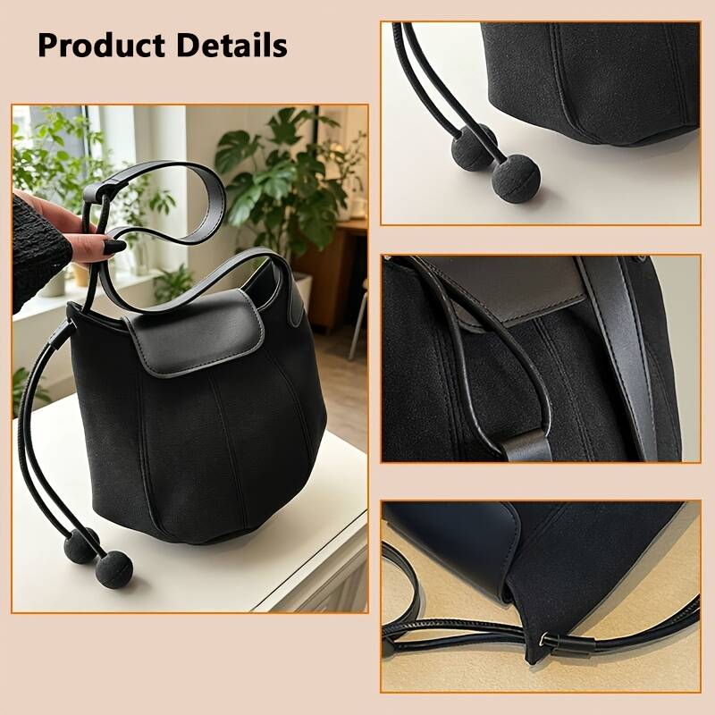 Contrast Splicing Denim Hobo Bag Ladies Drawstring Pom Pom Adjustable Strap Daily Crossbody Shoulder Handbag_voghion.com