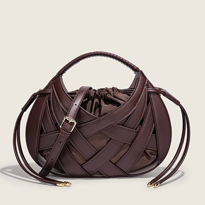 Braided Hollow Out Shoulder Bag Women Drawstring Liner Adjustable Strap Designer Crossbody Handbag_voghion.com