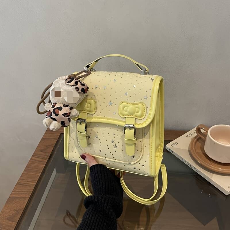 Hellgelber Mini-Rucksack mit Sternenmuster, Damen ... Schülerinnen, Alltags-Schultertasche mit Schleifenverzierung und Tragegriffen_voghion.com