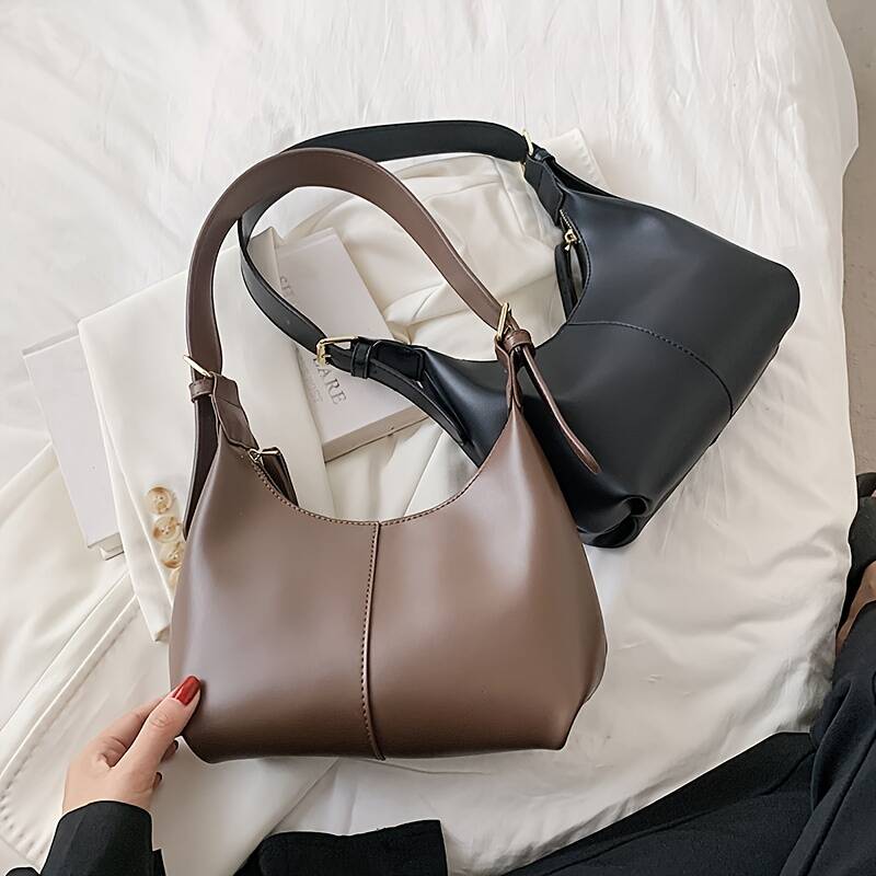 Minimalistischer Schwarzer Leder Hobo Bag Damen Schultertasche_voghion.com