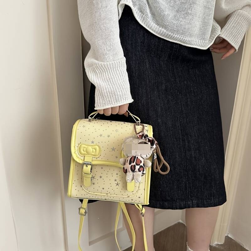 Hellgelber Mini-Rucksack mit Sternenmuster, Damen ... Schülerinnen, Alltags-Schultertasche mit Schleifenverzierung und Tragegriffen_voghion.com