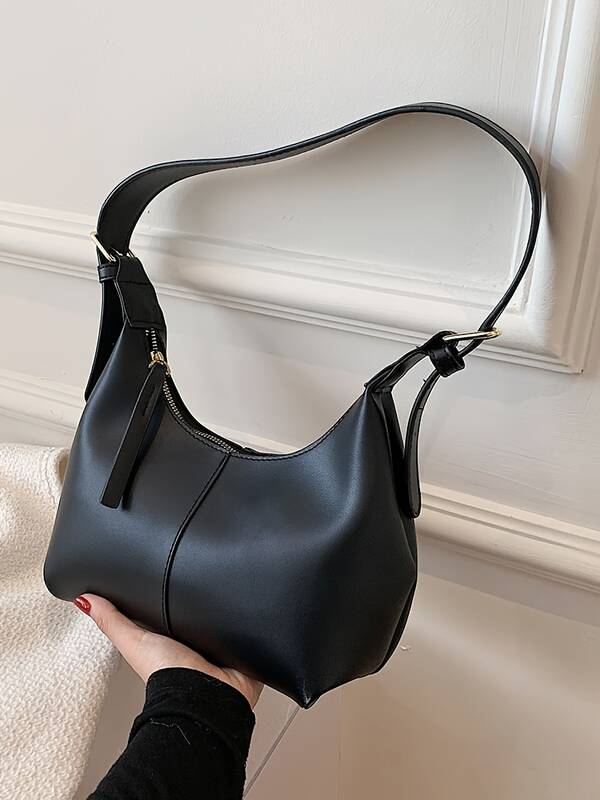 Minimalistischer Schwarzer Leder Hobo Bag Damen Schultertasche_voghion.com