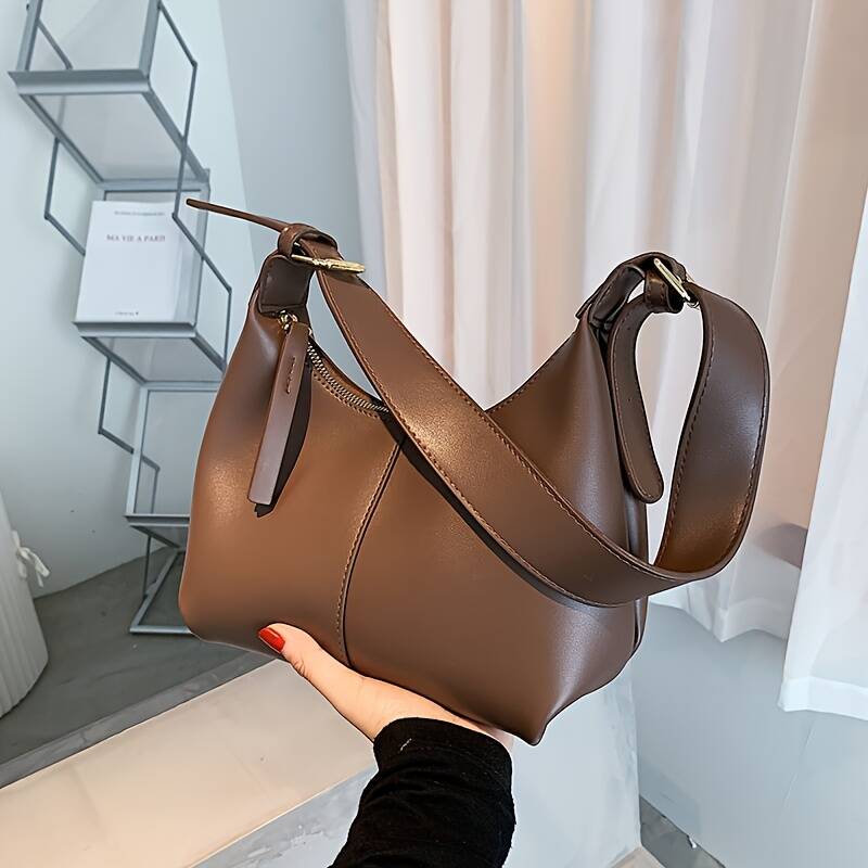 Minimalistische Hobo-Tasche aus schwarzem Leder für Damen, verstellbarer Schulterriemen, lässige Handtasche_voghion.com