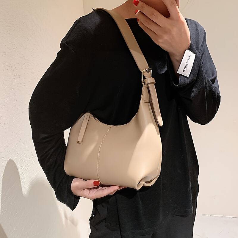 Minimalistische Hobo-Tasche aus schwarzem Leder für Damen, verstellbarer Schulterriemen, lässige Handtasche_voghion.com