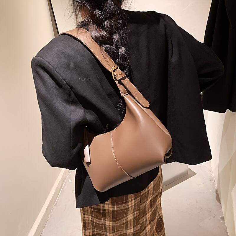 Minimalistische Hobo-Tasche aus schwarzem Leder für Damen, verstellbarer Schulterriemen, lässige Handtasche_voghion.com