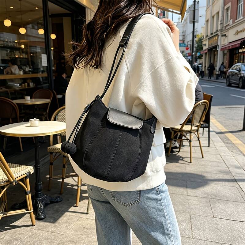 Contrast Splicing Denim Hobo Bag Ladies Drawstring Pom Pom Adjustable Strap Daily Crossbody Shoulder Handbag_voghion.com