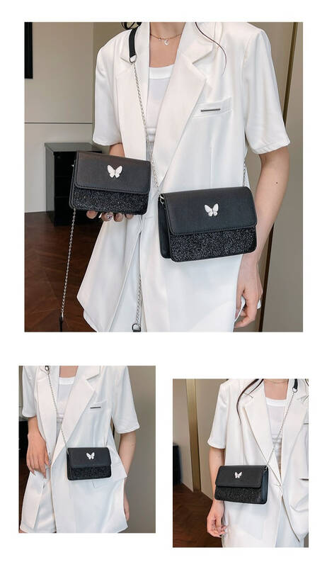 Black Butterfly Mini Crossbody Bag With Dual Chain And Wide Strap_voghion.com