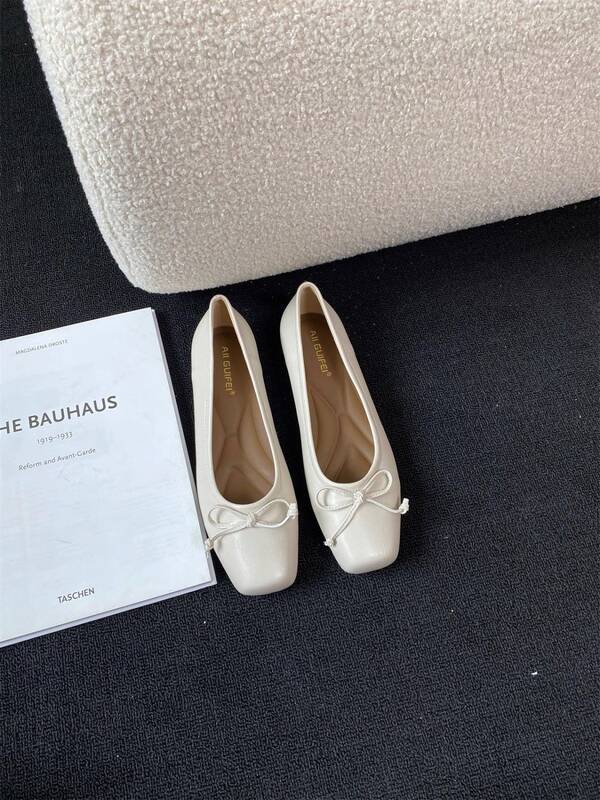 silver Flats Spring New French Style Gentle Evening Breeze Bowknot Square Toe Shallow Flat Loafers Granny Shoes_vogvips.com