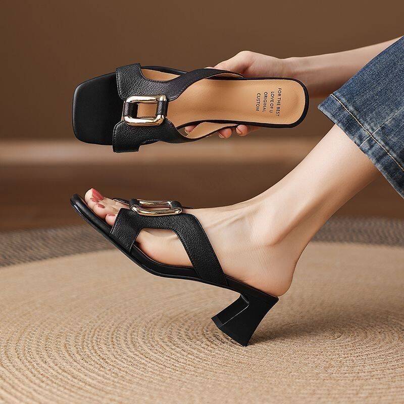 Luxury Chunky Heel Sandals Women, New Summer 2026 Model, High-end Metal Buckle, Suitable Pairing With Skirts, Stylish_vogvips.com