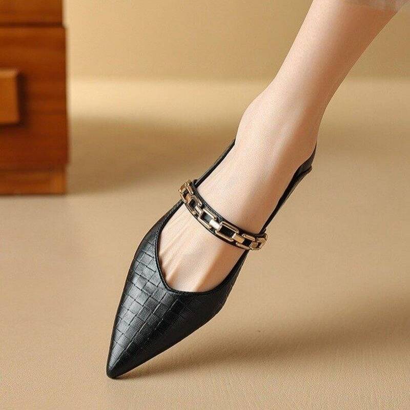 Belle Phoebe Pointed Toe Flats, French Flat Classic Shallow Mary Jane Shoes, New Metal Chain Leather Shoes_vogvips.com