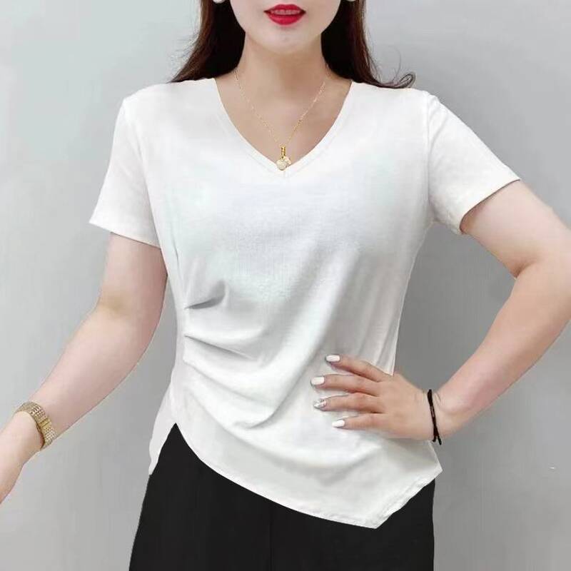 2026 Plus Size Women's V-Neck T-Shirt, Short Sleeve, Pure Cotton, Irregular Stylish Top, Slim Fit Ruched T-Shirt_voghion.com