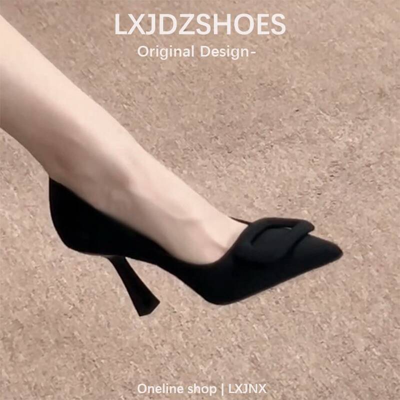2026 Spring And Autumn Square Shallow Commuter Pointed Toe Stiletto High Heels Black Velvet Buckle Women's Shoes_vogvips.com