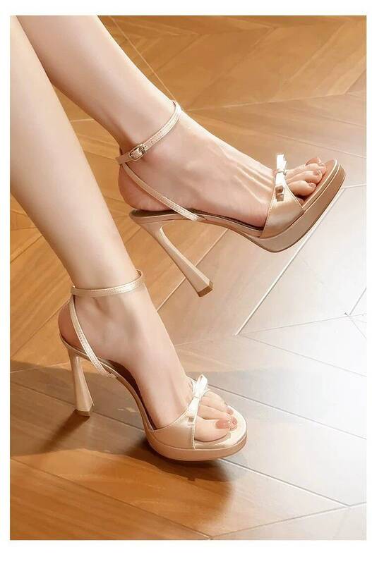 Soft Leather Version! Elegant Bow-tie Strap High-heeled Shoes For Women, Gentle Satin Finish, Thin Heel, Round Toe,_vogvips.com